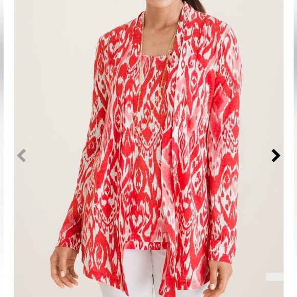 📌5/$25 Chicos Women’s Ikat 100% Linen Cardigan Red White Open Long Sleeve - Picture 1 of 15